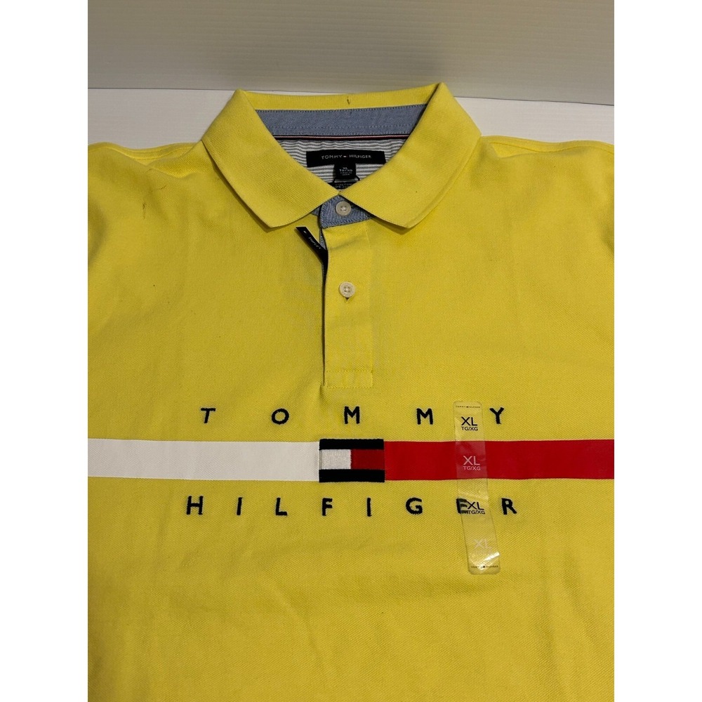 Tommy Hilfiger Men's Bar Stripe Logo Polo Shirt Yellow White Red Size XL READ - Picture 2 of 8